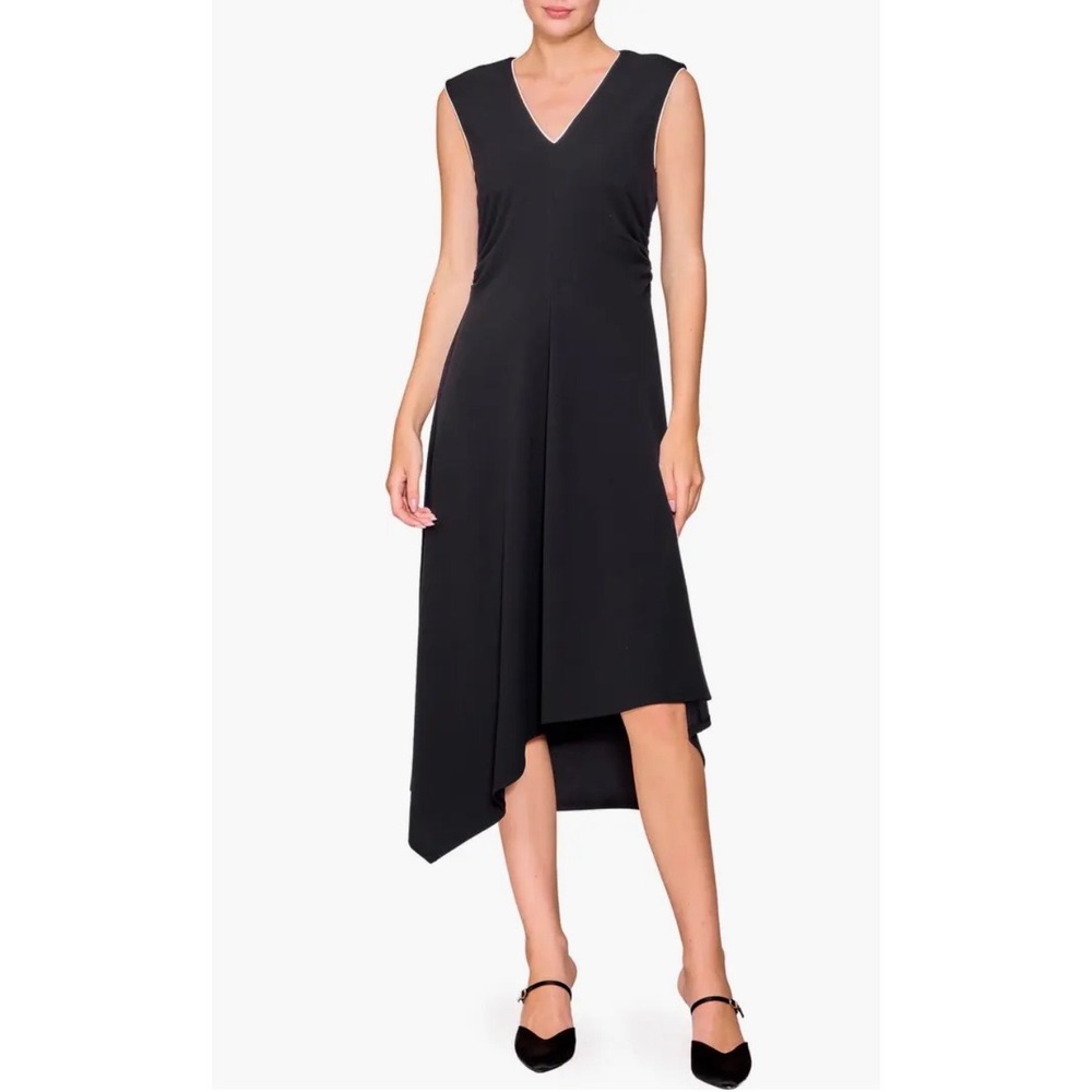 Melloday NWT Black Ruched Asymmetric Midi Dress Contrast Trim VNeck Sleeveless S